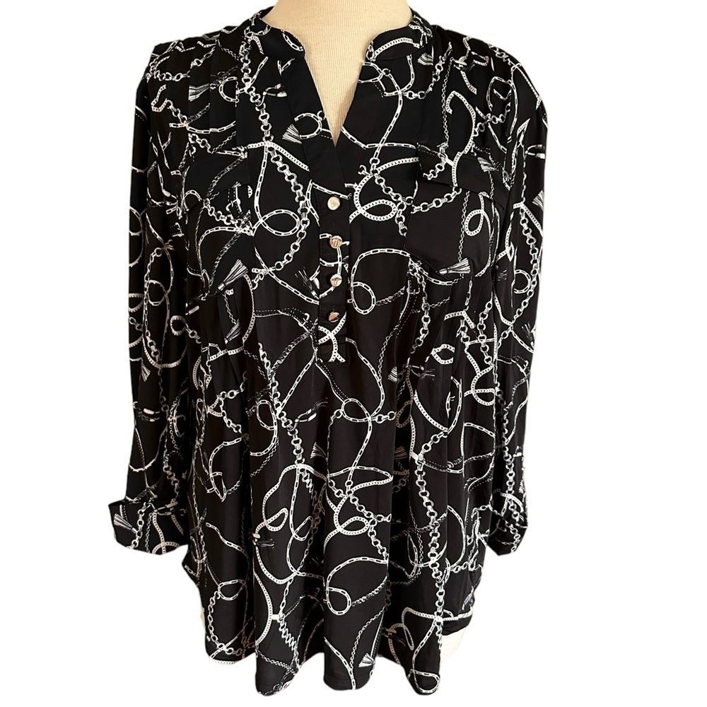 COCOMO Large Black White 3/4 sleeve women’s Pintuck Blouse top shirt tunic